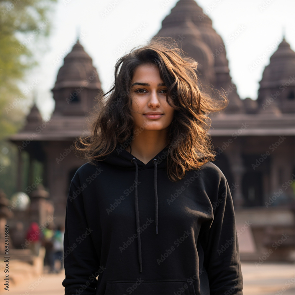 plain black hoodie wearing a model and standing towards facing hindu temple showing their front to the camera plain black hoodie wearing a model and standing towards facing hindu temple showing their front to the camera