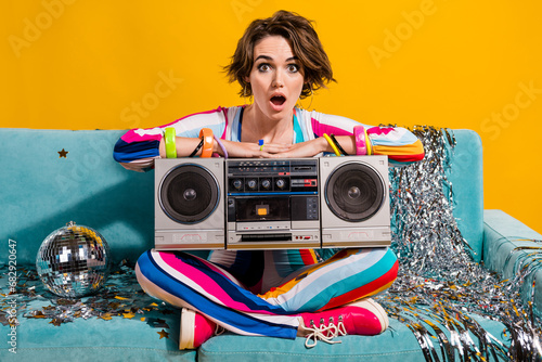 Photo of surprised lady clubber impressed christmas festive event occasion ads isolated vivid color background