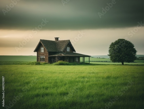 Landscape of House in Lush Field Illustration