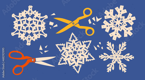 Set of various Snowflakes, scissors. Paper cut style. Christmas winter snow flakes. Hand drawn trendy Vector illustration. Isolated design elements. Party decoration, new year celebration concept