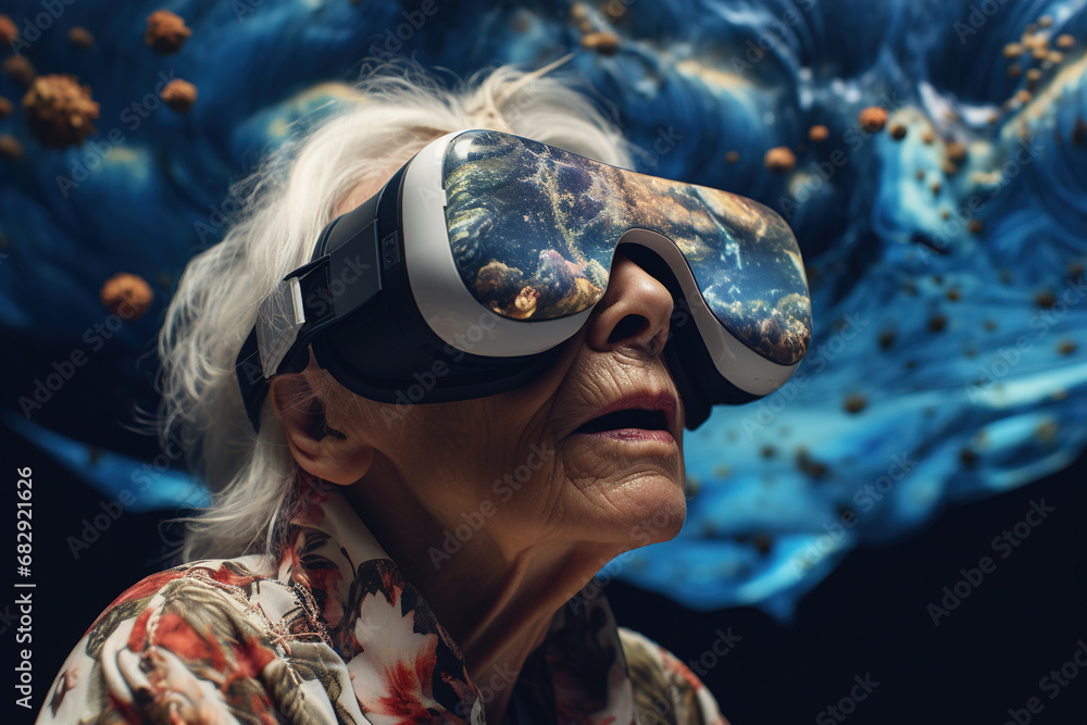 An elderly woman and virtual reality, a pensioner using VR glasses and an unreal fantasy world An elderly woman and virtual reality, a pensioner using VR glasses and an unreal fantasy world