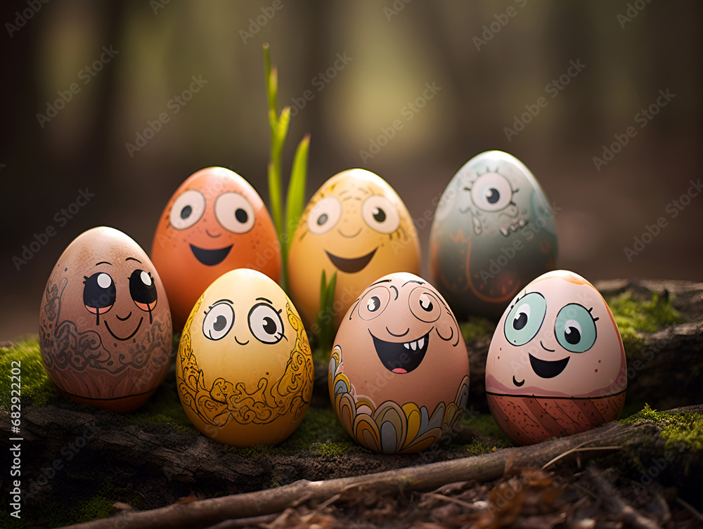 decorated easter eggs on a wooden background
