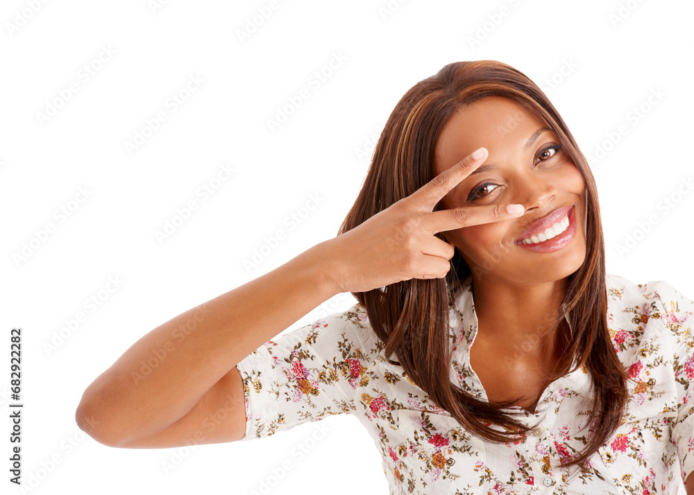 Portrait, smile and black woman with peace, sign and emoji isolated on a white studio background. Face, African person and model with hand gesture, support and feedback with review, v symbol and joy Portrait, smile and black woman with peace, sign and emoji isolated on a white studio background. Face, African person and model with hand gesture, support and feedback with review, v symbol and joy