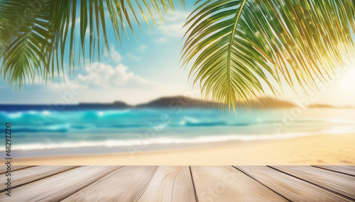 Empty wooden deck on a blurred tropical beach background for design,display or montage your products.Concept summer, travel, relax,vacation.Generative AI