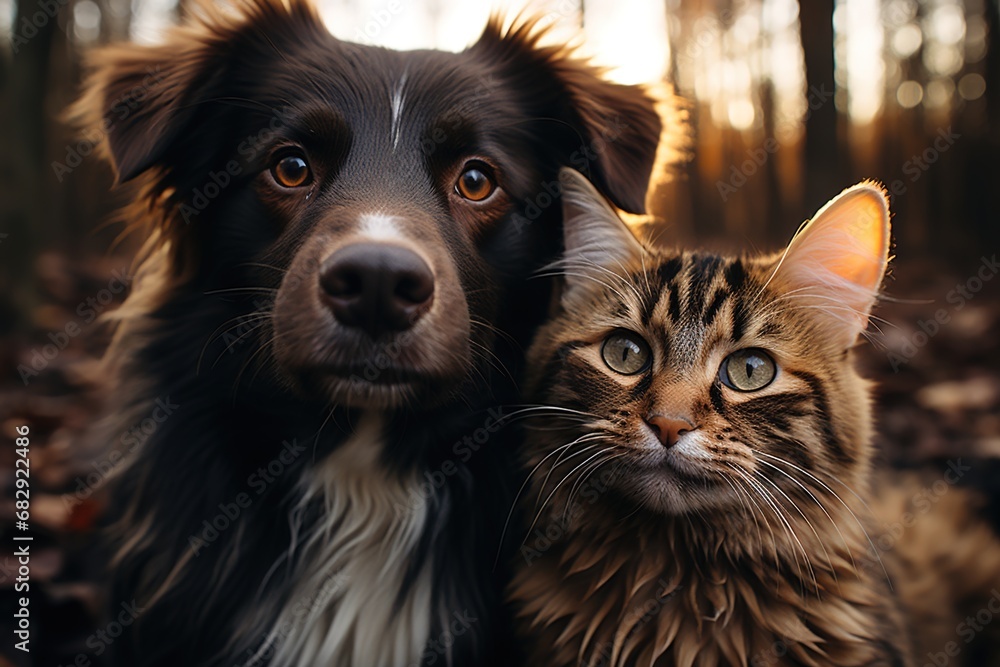 Unlikely Friends: Against all odds, a cat and dog strike a pose as the best of friends, showcasing the magic of interspecies companionship in a delightful portrait