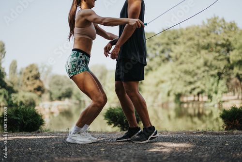Active couple jump rope, stretch, and warm up, inspiring others to join them in physical activity.