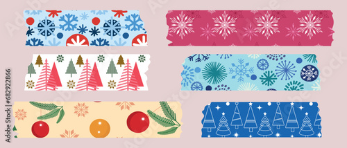 Christmas washi tape strips. Holiday stickers, adhesive tapes.