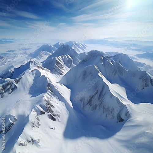 drone shot hovering over a snowy mountain range at dawn, snow covered mountains, interplay of dawn's light and shadows on the snowy landscape