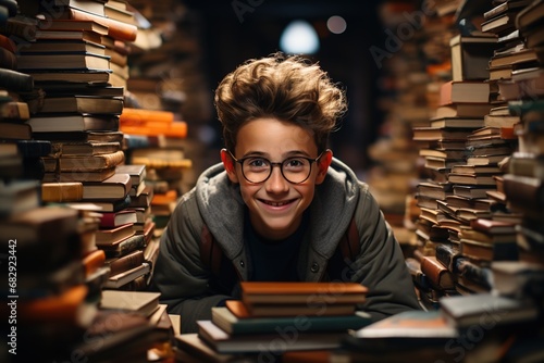 Geeky Utopia: A Delighted Boy Finds Pure Joy Standing Amidst Piles of Books, His Geeky Utopia Unfolding