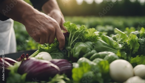 chef harvesting fresh vegetables on a farm photo