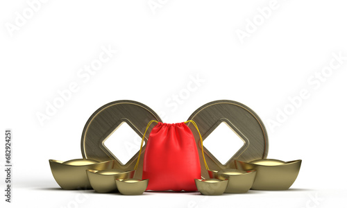 Photography Coin golden money rich red bag color symbol decoration happy chinese new year ch