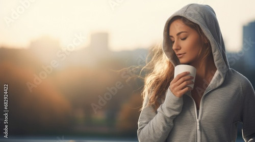 Woman warm up for morning workout outdoor with coffee, Exercise activity