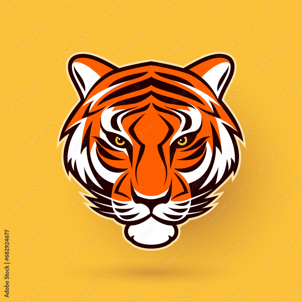 An orange tiger head on yellow background, in the style of strong graphic elements An orange tiger head on yellow background, in the style of strong graphic elements