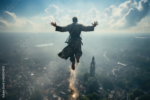 Skybound Serenity: A Blessed Man Levitating in the Sky, Exuding the Radiance of Superpowers photo