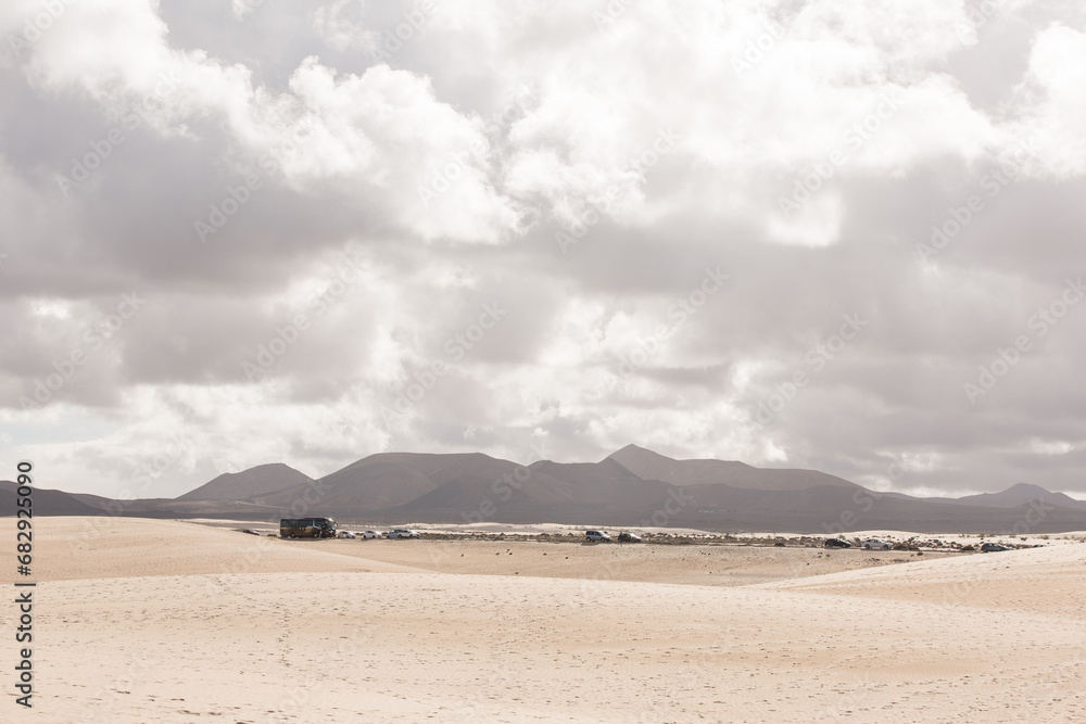 Amazing view with sand dunes of Fuerteventura volcanic island in Spain