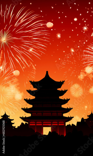 Silhouette of an oriental temple under fireworks. Chinese new year celebration