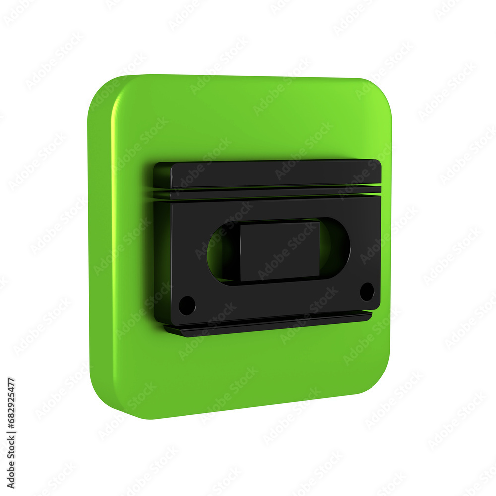Fototapeta premium Black VHS video cassette tape icon isolated on transparent background. Green square button.