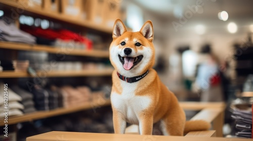 Photographie Shiba stand at cashier of shop, funny dog cashier