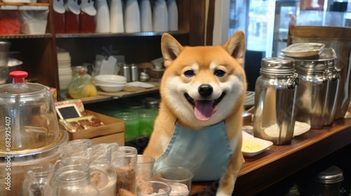 Shiba stand at cashier of shop, funny dog cashier