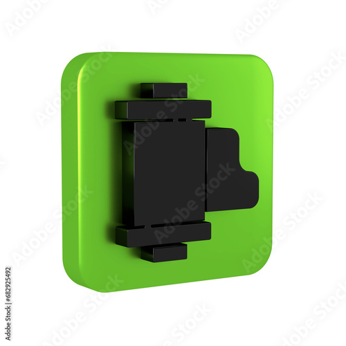 Black Camera vintage film roll cartridge icon isolated on transparent background. 35mm film canister. Filmstrip photographer equipment. Green square button.