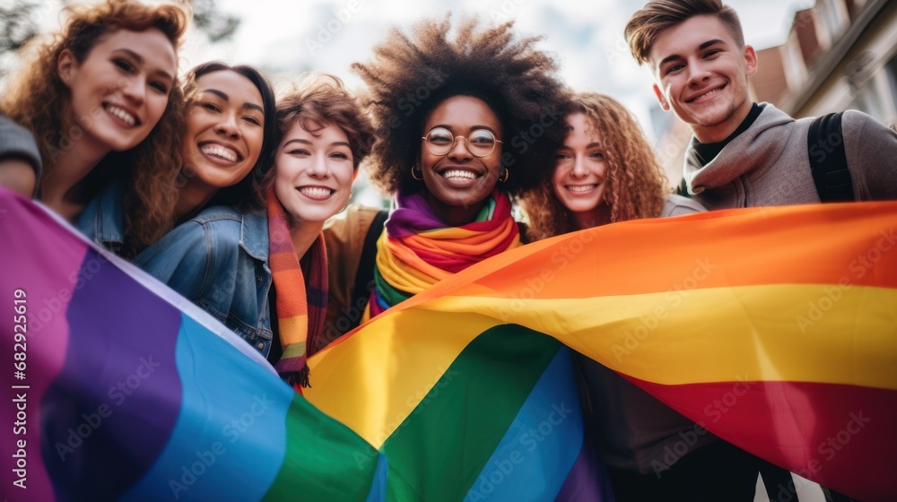 close up Group of young activist for lgbt rights with rainbow flag, lesbian, rainbow, freedom, diversity, bisexual, gay, celebration, community close up Group of young activist for lgbt rights with rainbow flag, lesbian, rainbow, freedom, diversity, bisexual, gay, celebration, community
