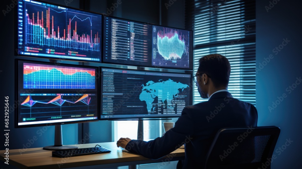 analyst uses computer and dashboard for data business analysis and Data Management System with KPI and metrics connected to the database for technology finance, operations, sales, marketing. analyst uses computer and dashboard for data business analysis and Data Management System with KPI and metrics connected to the database for technology finance, operations, sales, marketing.