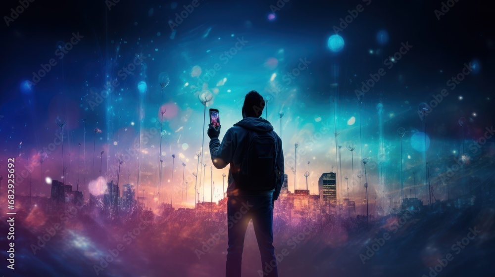 person stand and feel happy on use phone the most hight of technology communication, city, building, male, dark, light, business person stand and feel happy on use phone the most hight of technology communication, city, building, male, dark, light, business
