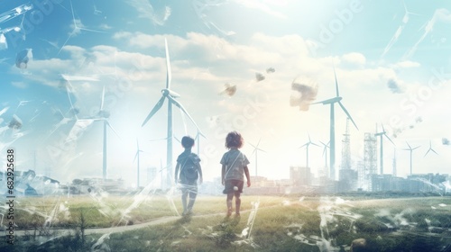 children and clean energy concept, light colors, Environmentally friendly installation of photovoltaic power plant and wind turbine farm situated by landfill background