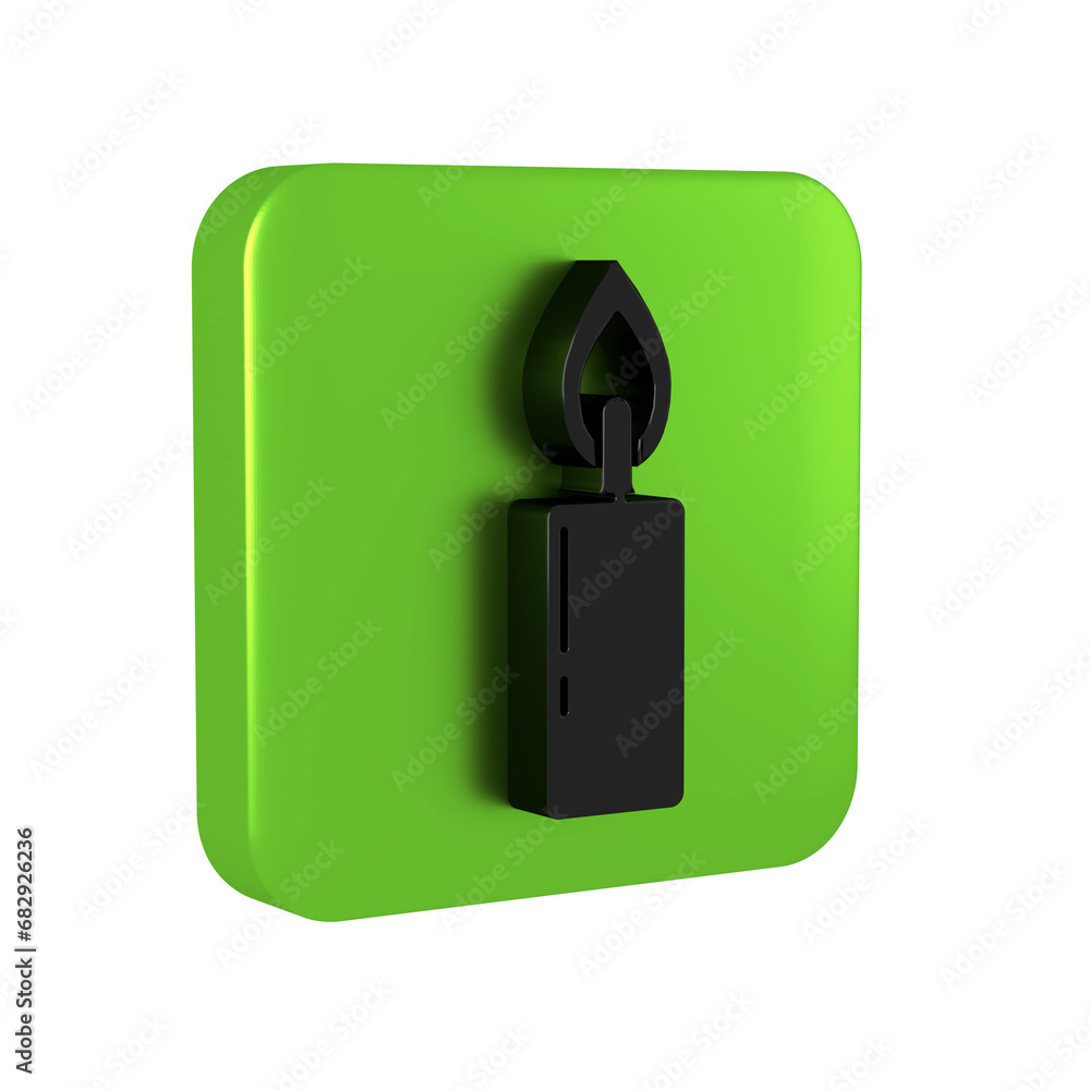 Black Burning candle icon isolated on transparent background. Cylindrical candle stick with burning flame. Green square button. Black Burning candle icon isolated on transparent background. Cylindrical candle stick with burning flame. Green square button.