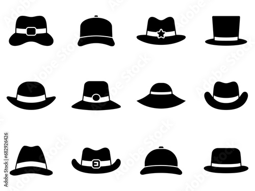 Hats icons set, female and male headwear, derby and cowboy, cap, panama and cylinder. Headdress collection in various model stylish, vintage and modern. Vector illustration.