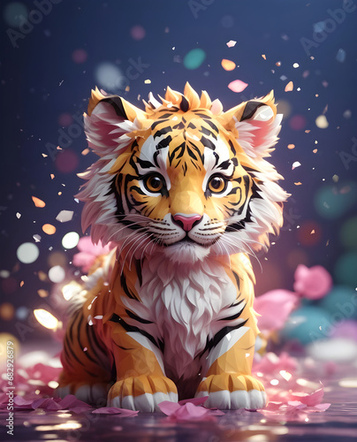cute colorful baby tiger with white fur fantasy flower splashes © Nisit