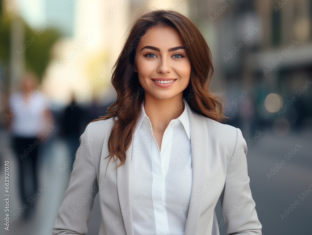Young confident and happy business woman standing on the street, looking into the camera