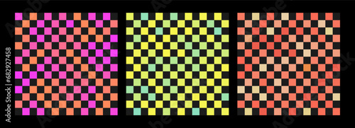 Retro checkered trend Y2k. Pixels vintage pattern background. Seamless Pattern Pack with pixels gradient. Colorful and black Grid. Groovy Background, Wallpaper, Hand-Drawn Seventies Style,