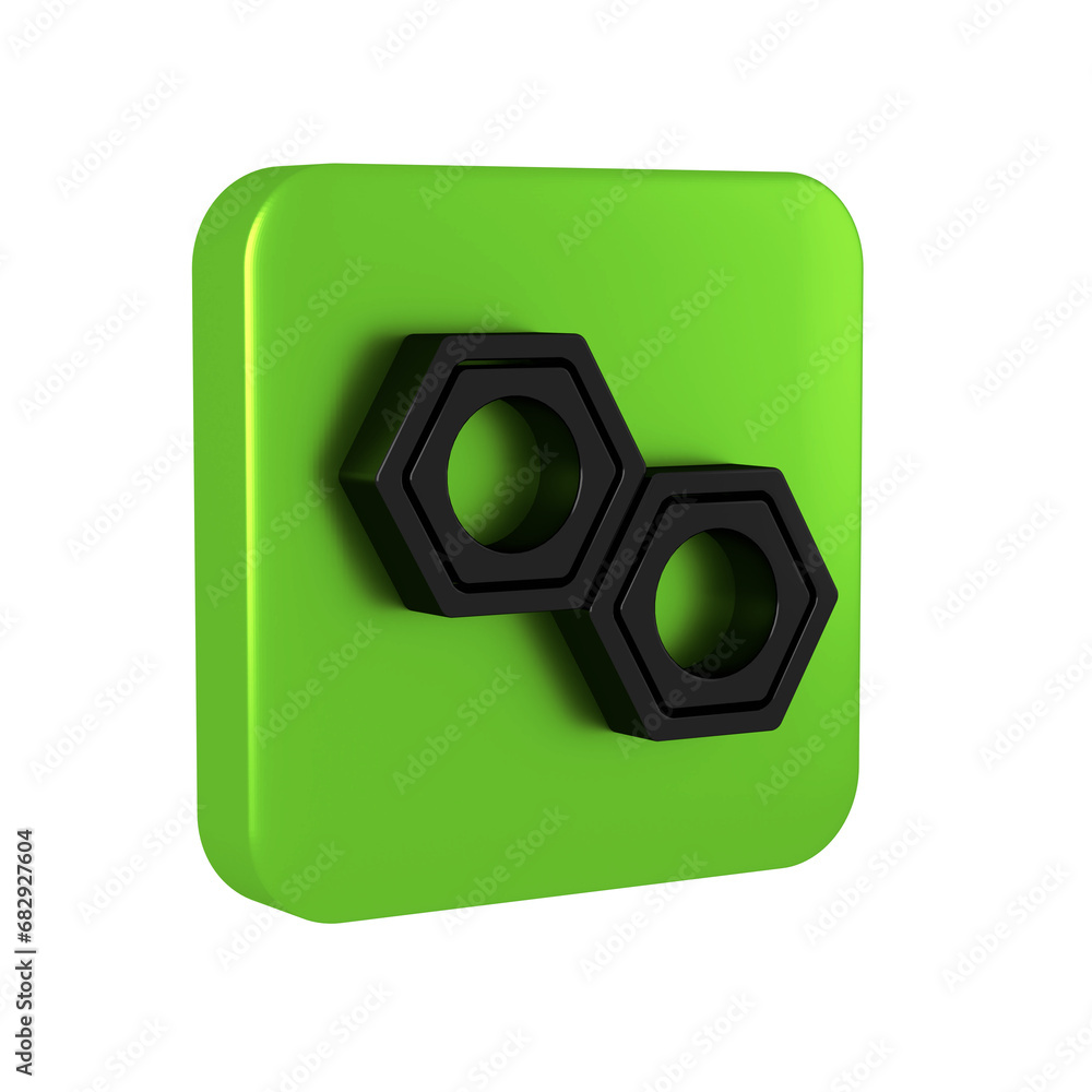 Black Hexagonal metal nut icon isolated on transparent background. Green square button. Black Hexagonal metal nut icon isolated on transparent background. Green square button.