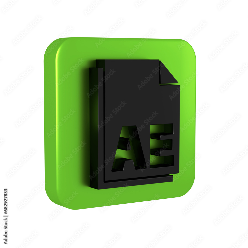 Black AE file document icon isolated on transparent background. Green square button. Black AE file document icon isolated on transparent background. Green square button.