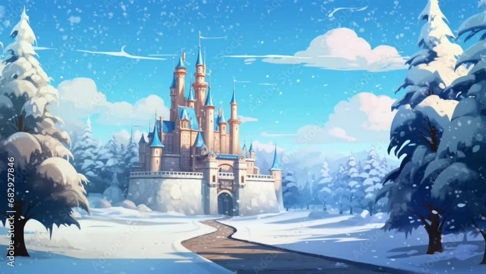 Mysterious scenery of a magnificent castle in winter with snowfall ...
