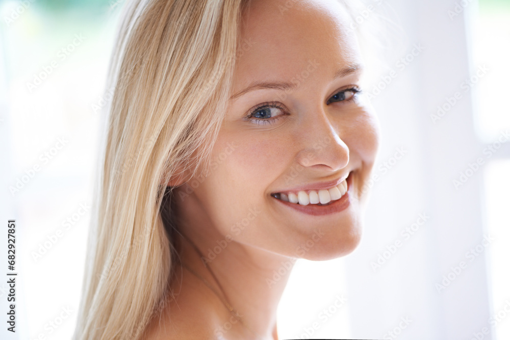 Portrait, happy woman and smile for skincare in home with closeup for dermatology. Mature person, natural beauty and cosmetics for anti aging, vitamin c and hydration for skin, health and wellness Portrait, happy woman and smile for skincare in home with closeup for dermatology. Mature person, natural beauty and cosmetics for anti aging, vitamin c and hydration for skin, health and wellness