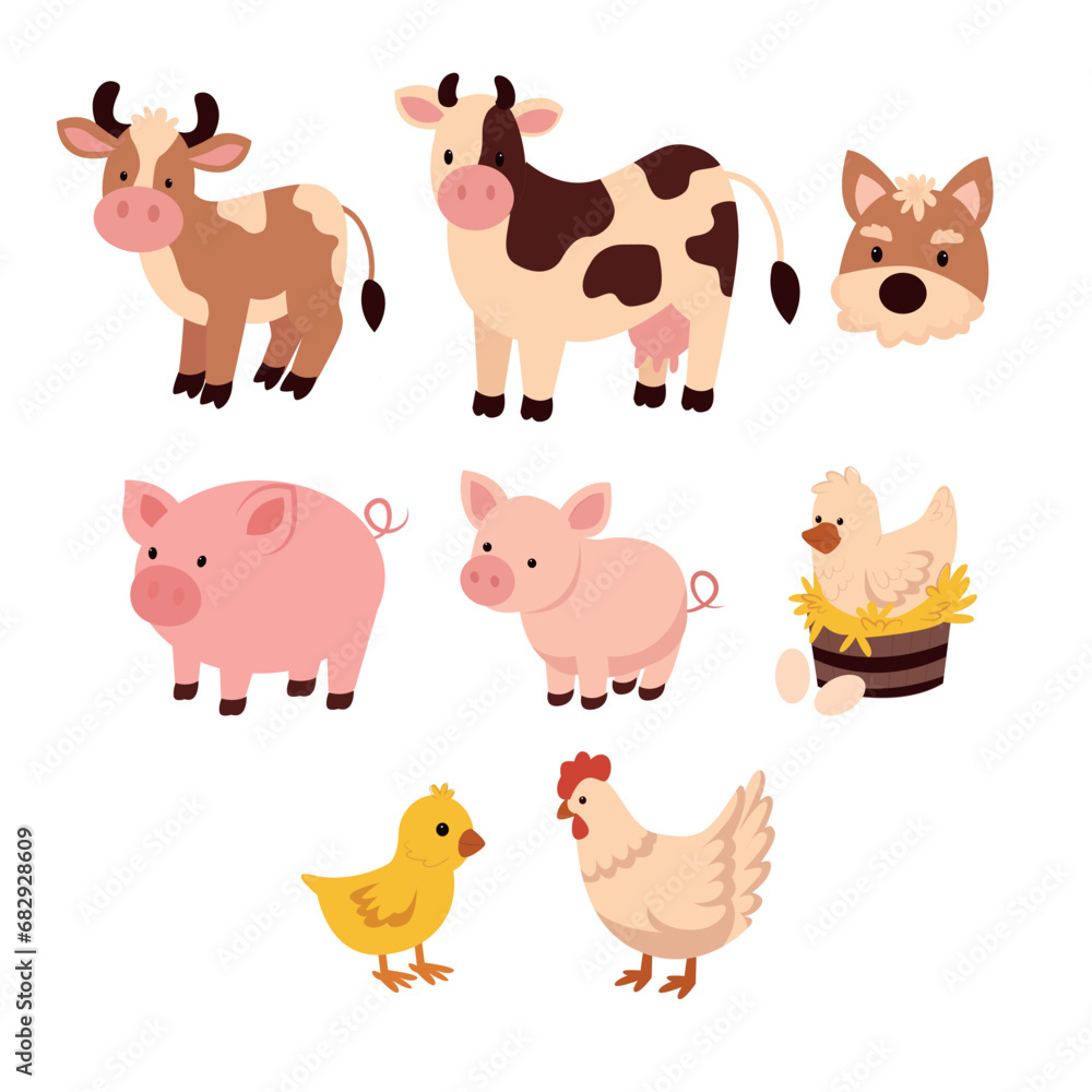 Farm animals set in flat style, isolated on white background. Vector illustration. Cute cartoon animals collection: duck, pig, cow, hen, chick, dog Farm animals set in flat style, isolated on white background. Vector illustration. Cute cartoon animals collection: duck, pig, cow, hen, chick, dog
