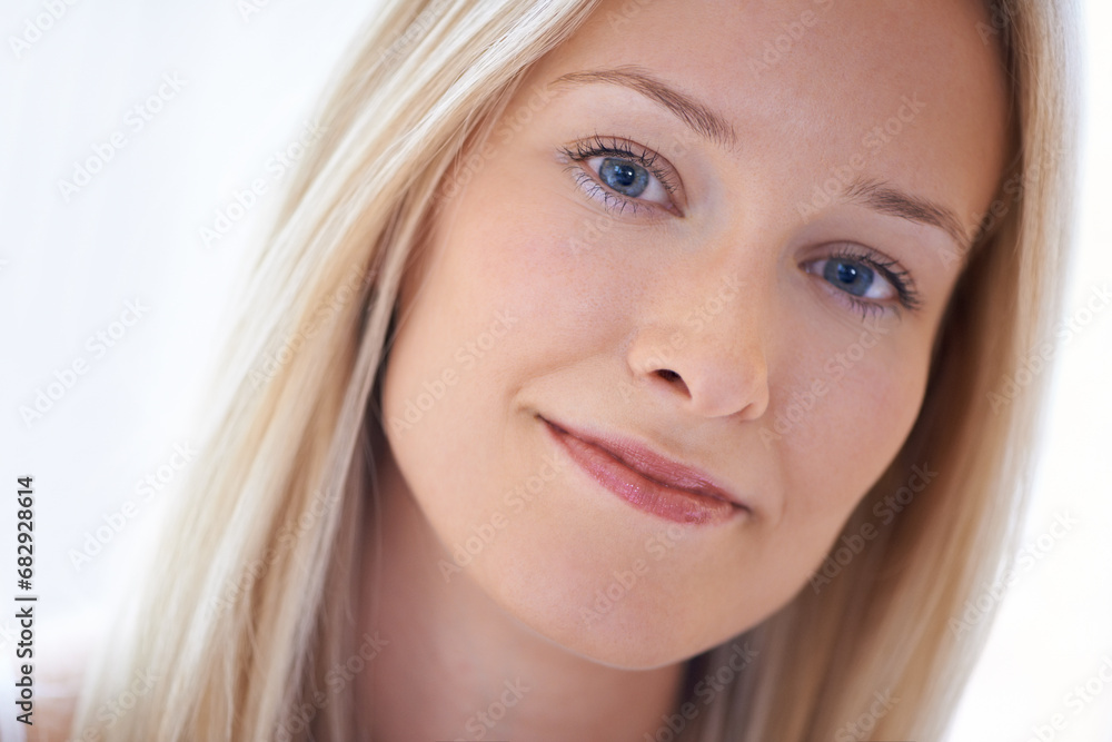 Calm, morning and portrait of woman closeup in home, apartment or beauty in white background. Positive, mindset and face of person in house to relax in living room with smile, happiness and skincare Calm, morning and portrait of woman closeup in home, apartment or beauty in white background. Positive, mindset and face of person in house to relax in living room with smile, happiness and skincare