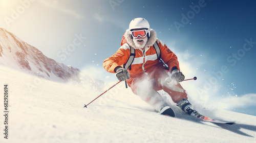 Grandfather in good physical shape in an orange ski suit quickly skis down the slope. Winter sports. photo