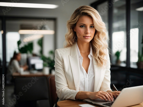 Portrait of a beauty blonde white woman entrepreneur in a very clear office. Generated by AI