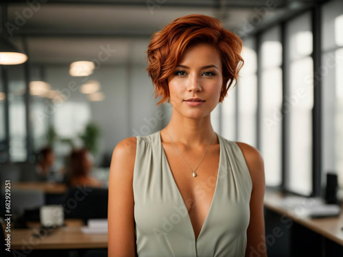 Portrait of a beauty redhead white woman entrepreneur in a very clear office. Generated by AI photo