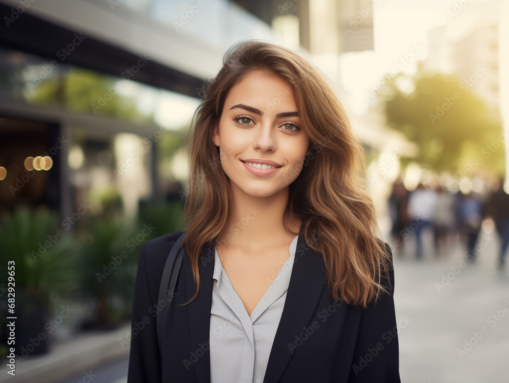 Naklejka premium Young confident and happy business woman standing on the street, looking into the camera