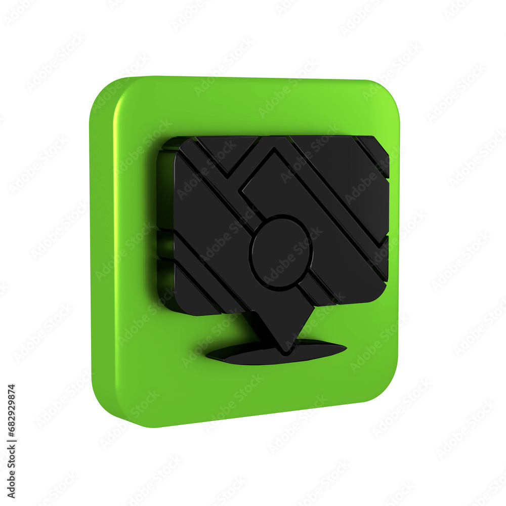 Black Infographic of city map navigation icon isolated on transparent background. Mobile App Interface concept design. Geolacation concept. Green square button. Black Infographic of city map navigation icon isolated on transparent background. Mobile App Interface concept design. Geolacation concept. Green square button.