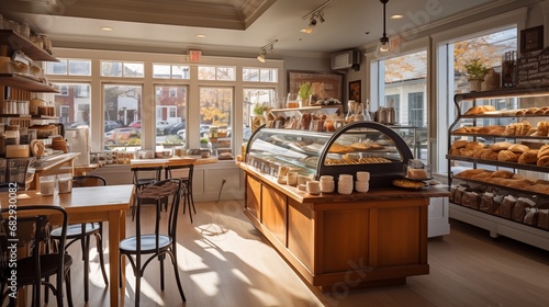 beautifully designed bistro cafe with a clean white counter, a tempting bakery display, and a long wooden counter adorned with high chairs by the window, bathed in the warm, golden morning sunlight photo