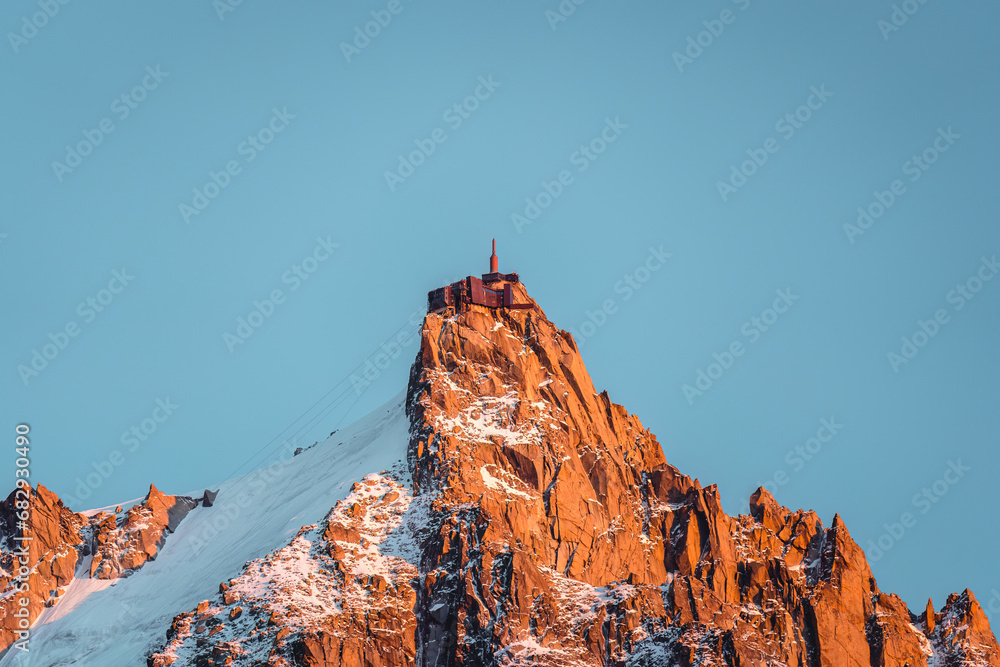 Observatory and antenna summit of Aiguille du Midi from Mont Blanc massif in French Alps at Chamonix, France - obrazy, fototapety, plakaty 