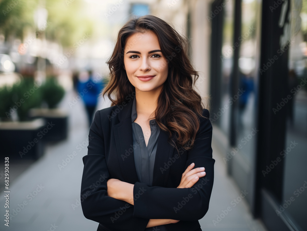 Young confident and happy business woman standing on the street, looking into the camera Young confident and happy business woman standing on the street, looking into the camera
