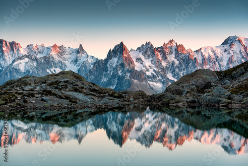 Lac Blanc with Mont Blanc mountain range reflect on the lake in French Alps at the sunset. Chamonix, France