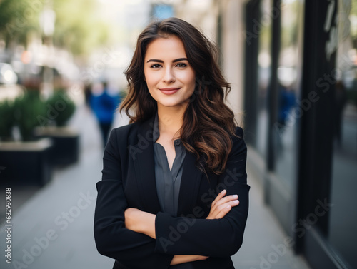 Young confident and happy business woman standing on the street, looking into the camera