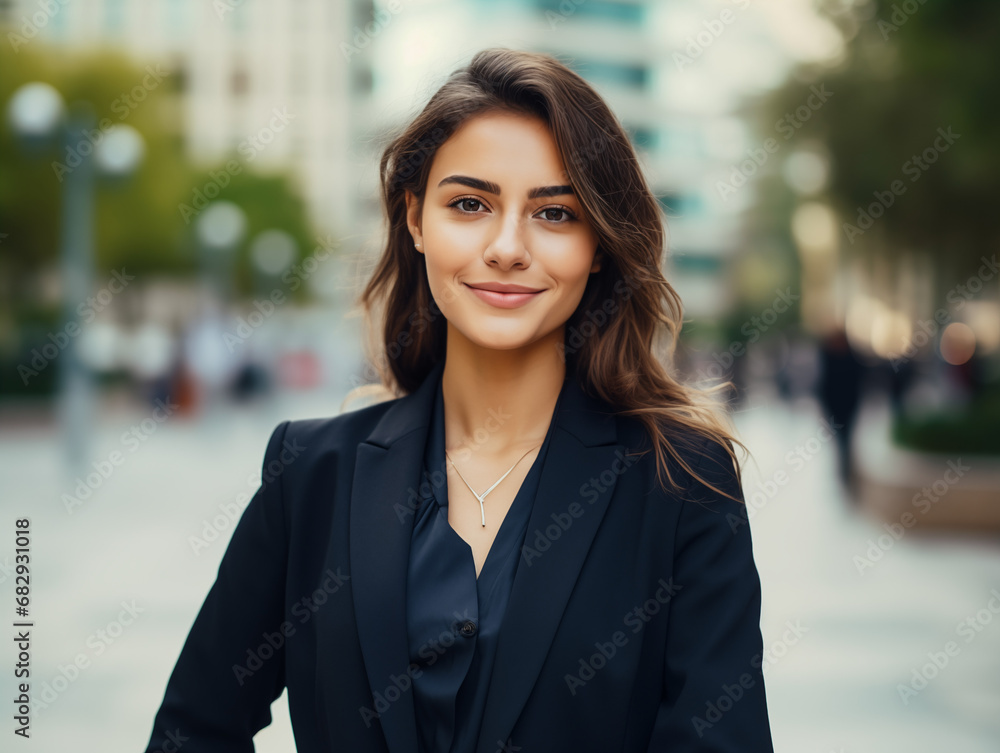 Young confident and happy business woman standing on the street, looking into the camera Young confident and happy business woman standing on the street, looking into the camera